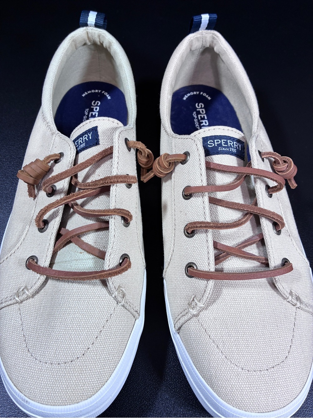 Sperry Beige Canvas Boat Shoes with Brown Leather Laces - Picture 3 of 12